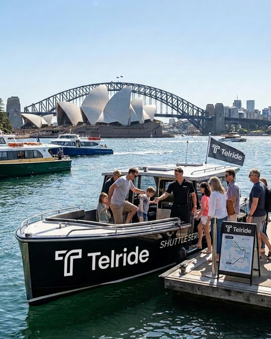 Passengers boarding a Telride water taxi at a Sydney Harbour wharf, with the Opera House and Harbour Bridge behind.