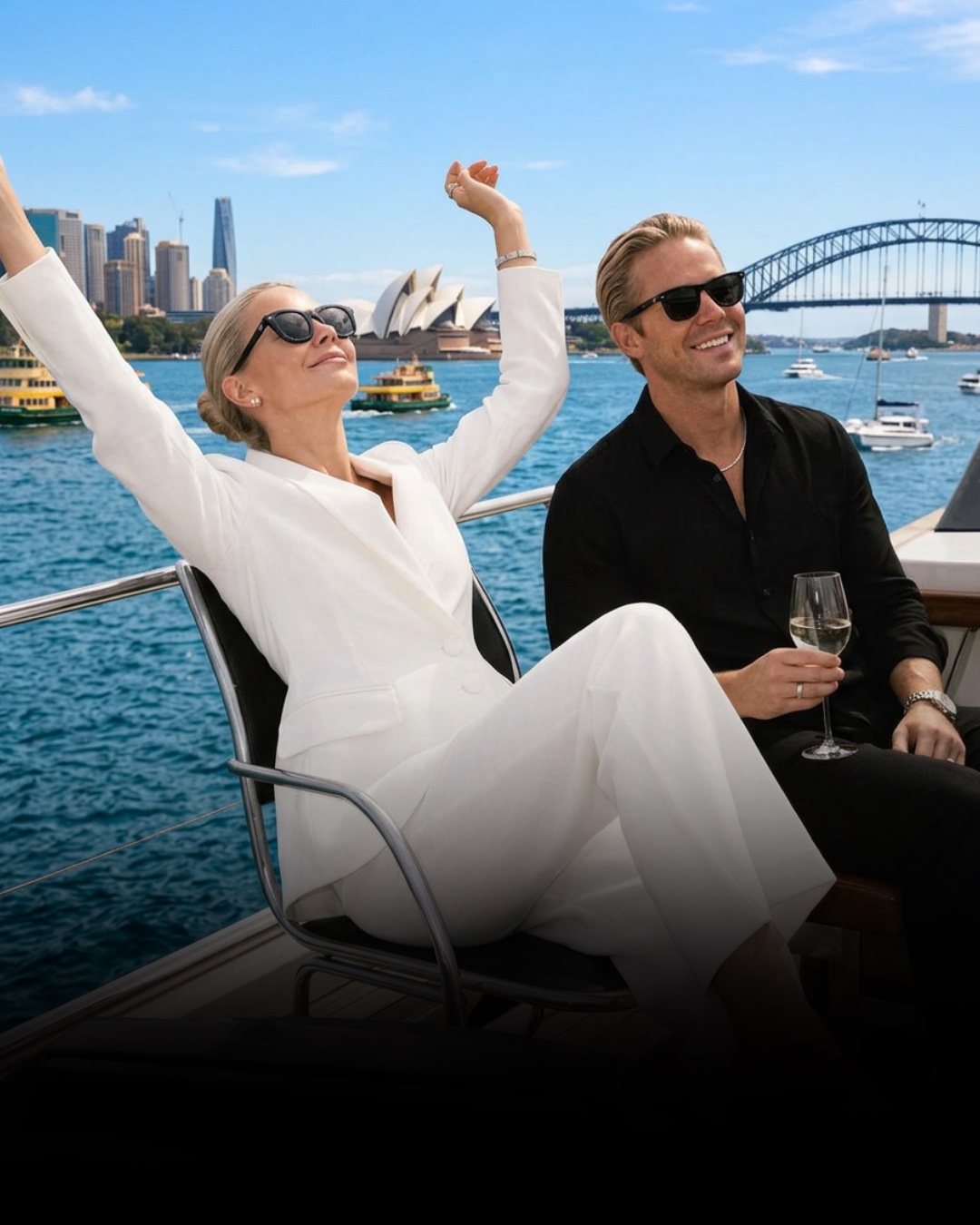 Two guests relaxing on the deck of a luxury charter with Sydney Harbour behind.