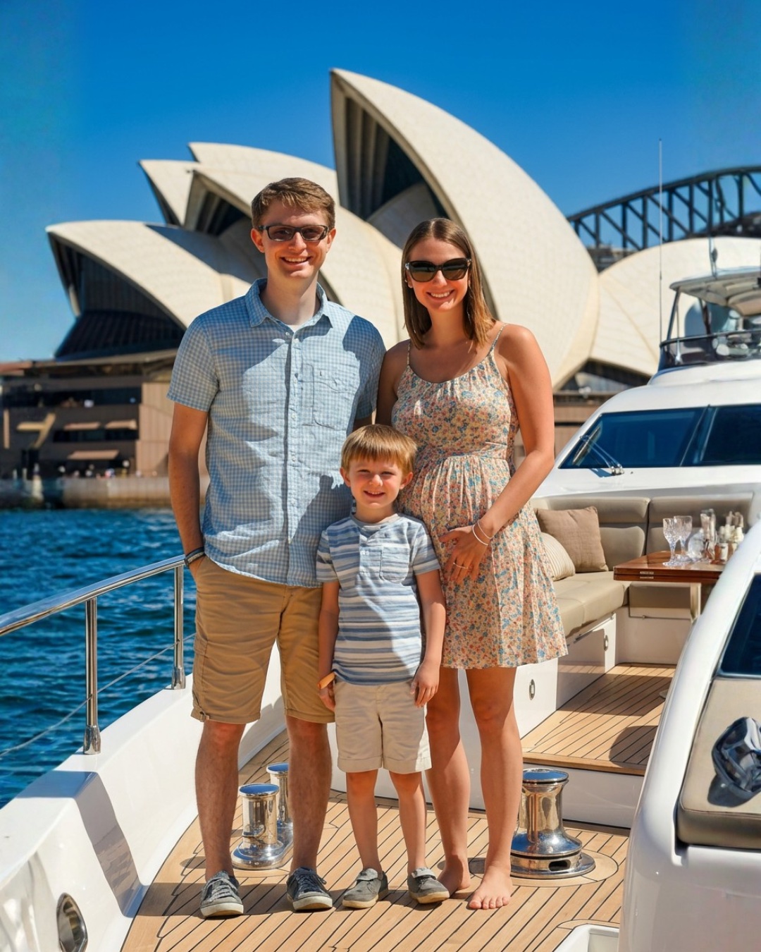 A family standing on the bow of a charter vessel in front of the Sydney Opera House.