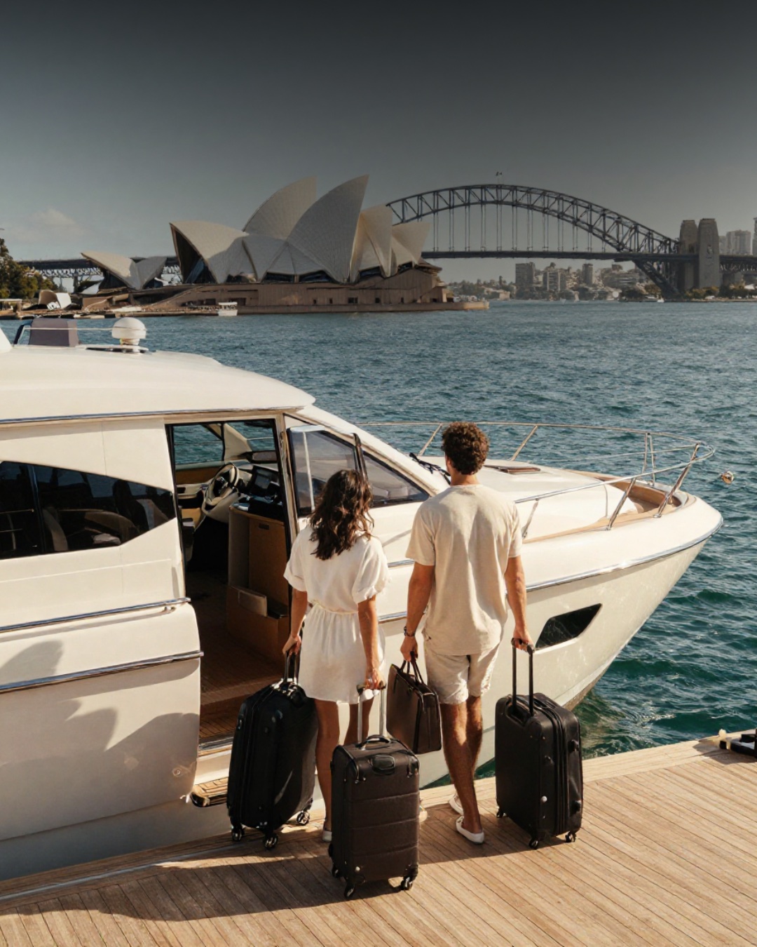 Two travellers wheeling luggage along a timber dock towards a waiting vessel.