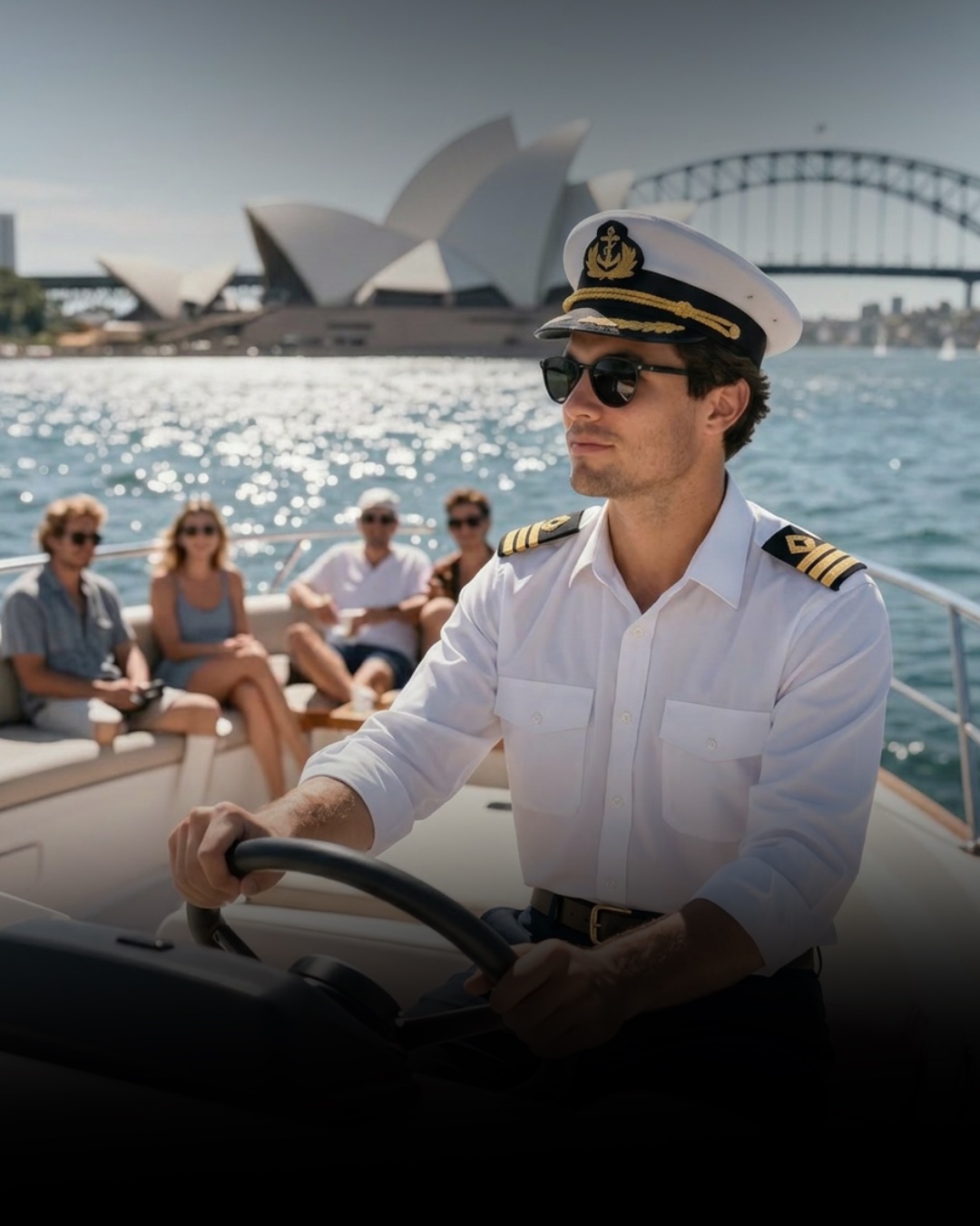 A uniformed Telride captain at the helm with passengers seated behind.
