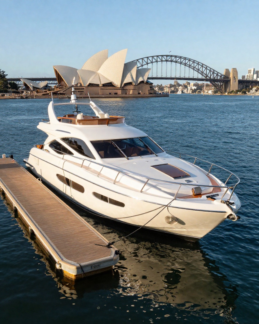 A motor yacht moored at a private pontoon on Sydney Harbour.