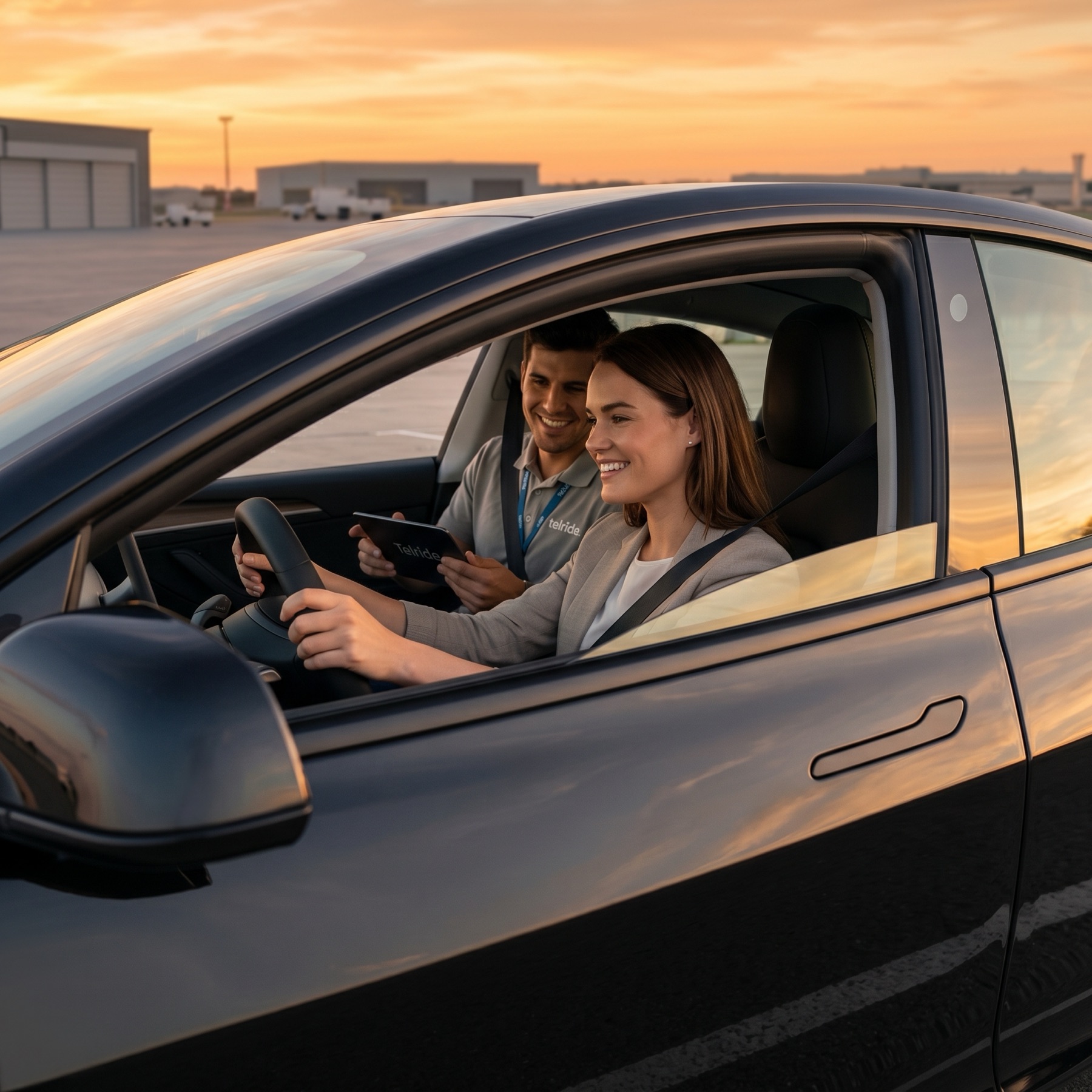 A smiling learner driver at the wheel of a black car, with her driving instructor beside her holding a tablet.