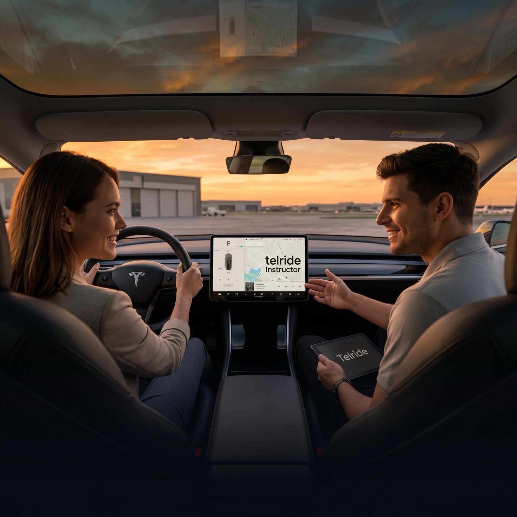 Inside a car on an airfield at sunset: a learner driver at the wheel and her instructor beside her, pointing at the dashboard screen.