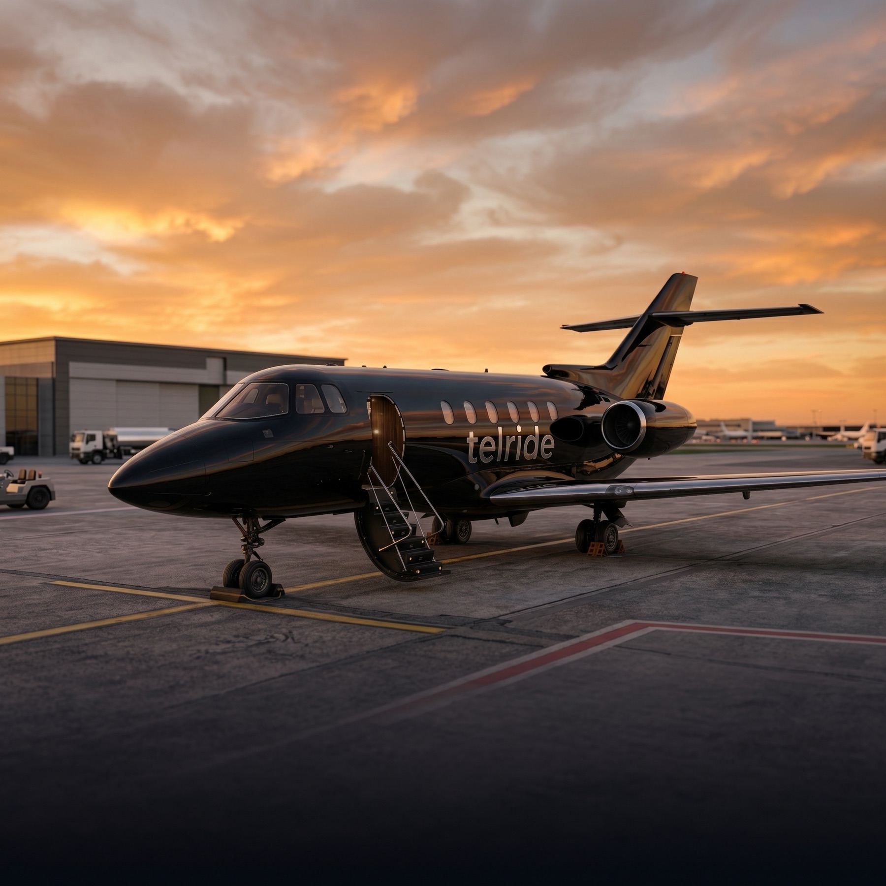 A black Telride-branded aircraft parked on an airfield apron at sunset, its airstair down.